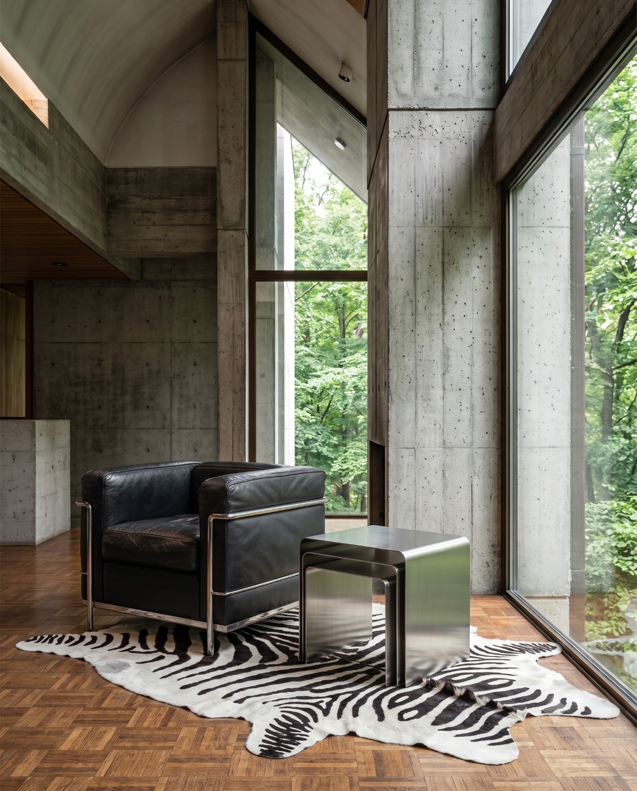 LAYERS — brütalist beton mekân, LC2 koltuk yanında